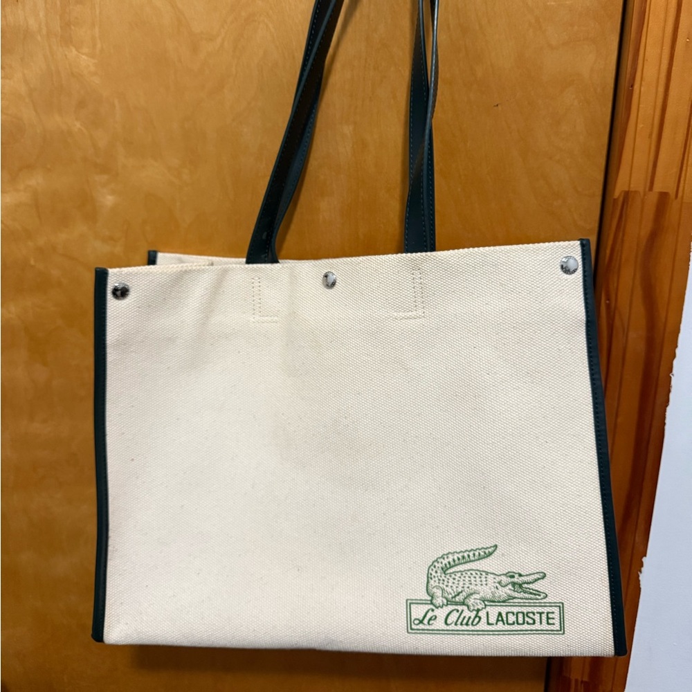Lacoste Cream Canvas Tote with Green Logo